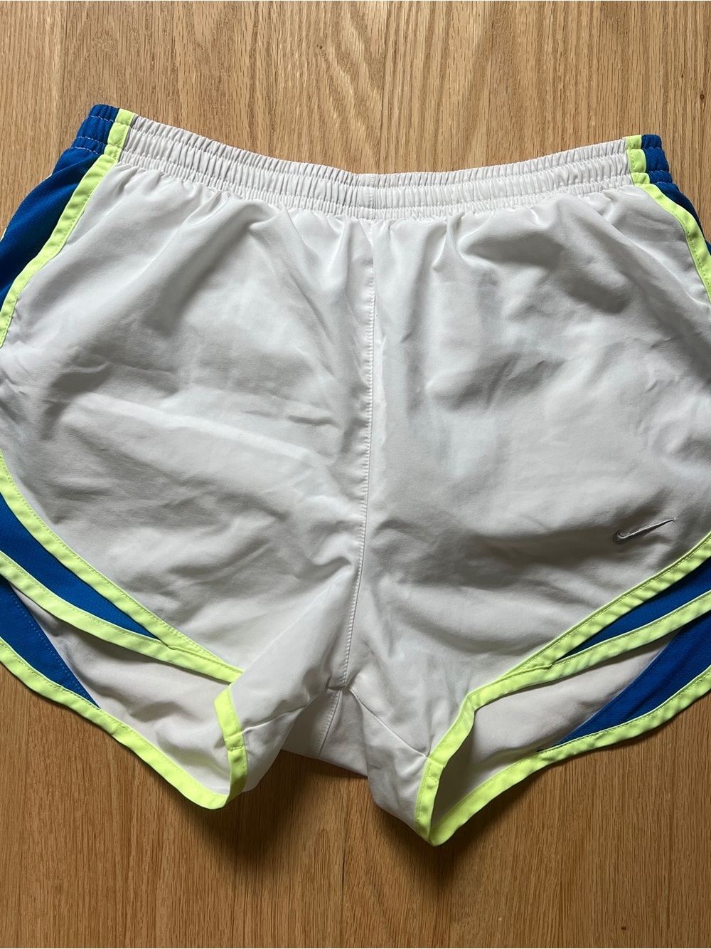 Nike Dri Fit Running Shorts Built-In Briefs Womens xs White w/ Blue Side Panels